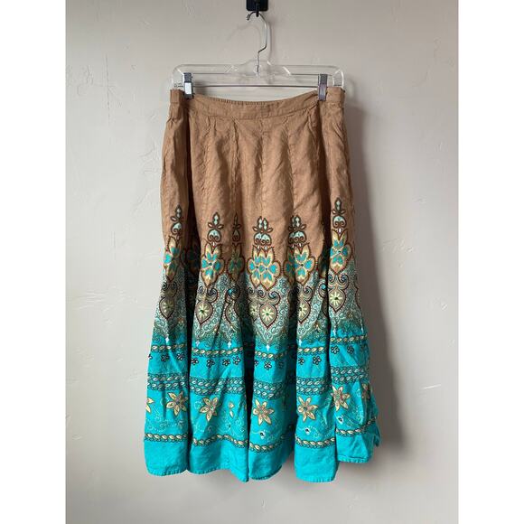 Coldwater Creek Colorful Boho Linen Blend Floral Sequin Bead Midi Skirt- Size M - Picture 1 of 7